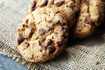 Chocolate cookies on wooden table. Chocolate chip cookies