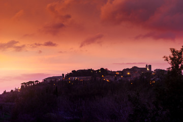 Scenic Tuscany landscape panorama from a village in red evening light, Montepulciano, Toscana, Italy