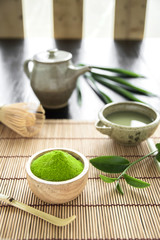 Matcha. Organic Green Matcha Tea ceremony. Matcha powder. Cooking with matcha.