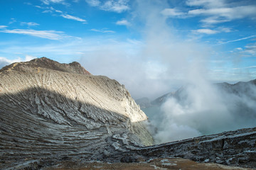 Lake and Sulfur Mine at Khawa Ijen Volcano Crater, Indonesia
