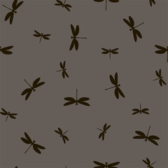 Seamless pattern with black silhouettes of dragonflies on a gray background. Vector.