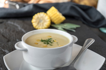 Corn soup in bowl