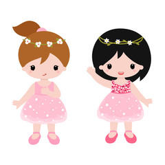 Cute baby ballerinas in pink dress. Vector clipart.