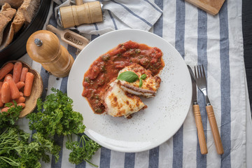 cooking healthy diet food in the home kitchen, Healthy Chicken parmesan