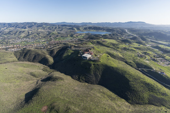 Aerial view of Simi Valley ranch lands and the Ronald Reagan Presidential Library in Ventura County California.