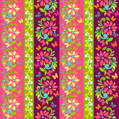 Set of vector Colorful borders with flowers and butterflies. Floral wallpaper. Decorative ornament for fabric, textile, wrapping paper.