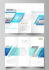 Tri-fold brochure business templates on both sides. Abstract vector layout in flat design. Chemistry pattern, connecting lines and dots, molecule structure, medical DNA research. Medicine concept.