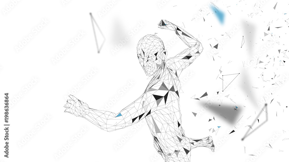 Poster conceptual abstract man is doing powerful punch. connected lines, dots, triangles, particles. artifi
