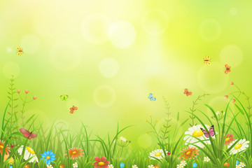 Green meadow background with grass, flowers and butterflies