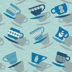 Seamless retro pattern of tea cups or coffee cups.  vector illustration.