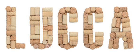 Italian province Lucca made of wine corks Isolated on white background