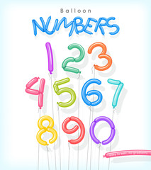 Number set illustrated as twisted balloons. Includes 1, 2, 3, 4, 5, 6, 7, 8, 9, 0 floating balloons on strings. No gradients. Vector illustration.