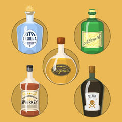 Alcohol strong drinks in bottles cartoon glasses whiskey cognac brandy wine vector illustration