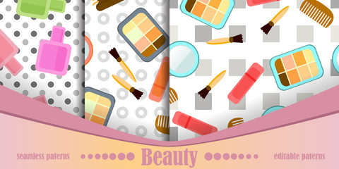 Seamless cosmetics pattern with make up artist objects: lipstick,  lip gloss,comb, nail polish, mirror, eye shadow. A set of seamless textures. Vector illustration. Eps 10.