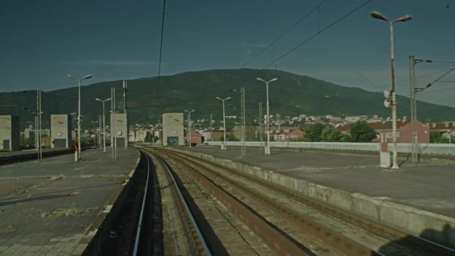 A train exiting the train station,on board