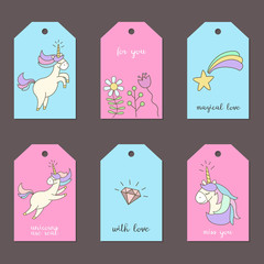 Set of tags with cute unicorns.