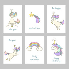 Fototapeta na wymiar Set of cards with cute unicorns.