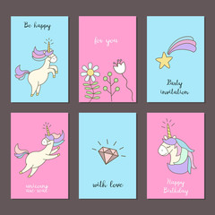 Set of cards with cute unicorns.