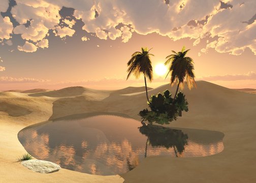 oasis in the desert of sand, panorama of the desert
3D rendering
