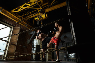 Fototapeta na wymiar Full length portrait of two male kickboxers sparring inside boxing ring in modern gym: man in black trousers kicking his opponent in red shorts. Training, workout, martial arts and kickboxing concept