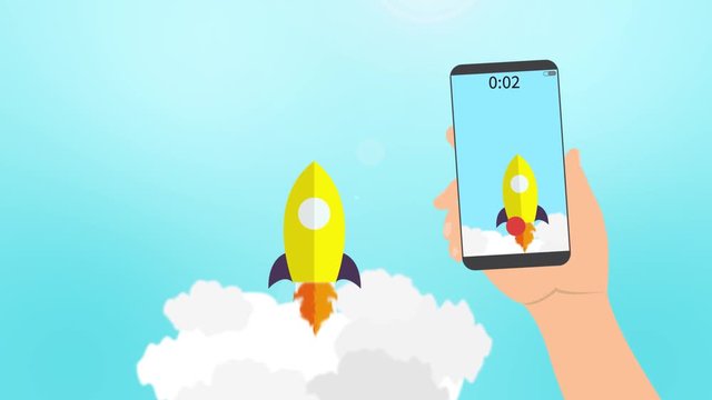 Video streaming on smartphone. Rocket launch animation. Man streaming rocket lounch on smartphone. video suitable for infographics, presentation or advertising. stock footage
