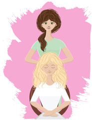 Beautiful make up artist and stylist making hairstyle for beautiful bride. Attractive girl in process of preparing bride for wedding on the pink splashes background.