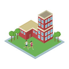 Naklejka premium Isometric building with people running around vector illustration graphic design