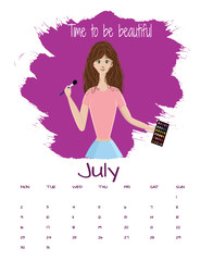 Vector calendar 2018 July.Vector illustration of beautiful make up artist with brush and pallet of shadows in hands, ready to do the make up.