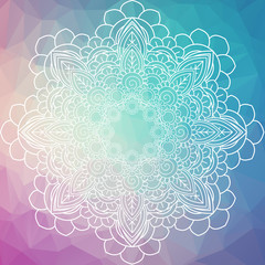 Yoga Mandala. Vintage decorative elements. Oriental pattern, over low poly background. Islam, Arabic, Indian, moroccan,spain, turkish, pakistan, chinese, mystic, ottoman motifs. Colorful book page