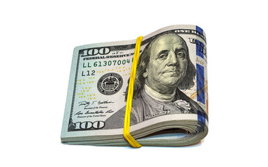 Bented stack of hundred USA dollar bills isolated on white background.