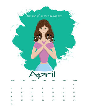 Vector calendar 2018 April.Beautiful make up artist with brushes in hands. Attractive girl with professional make up brushes.