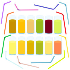 Vector Graphics World Health Day on textured background glasses for juice, juice, straw, fruit, apple, banana, pear, mandarin, orange, avocado, pomegranate, kiwi, mango, green apple, red apple, lemon,