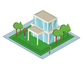 Isometric house with people vector illustration graphic design