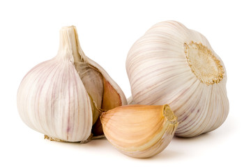 Two garlic heads on a white background.