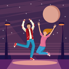 Fototapeta na wymiar Young people jumping at city night vector illustration graphic design
