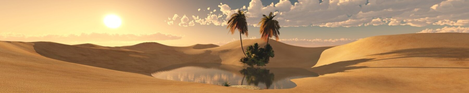 oasis in the desert of sand, panorama of the desert
3D rendering
