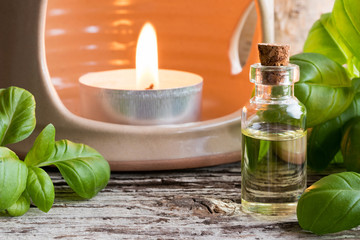 A bottle of basil essential oil with fresh basil twigs