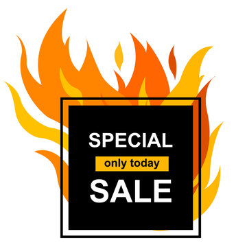 Square banner with Special sale. Black card for hot offer with frame fire graphic. Template