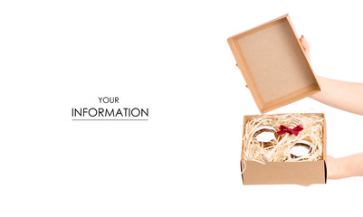 Box with jars of honey set gift present in hands pattern