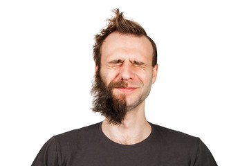 Man with half-shaved beard . Isolated on white.