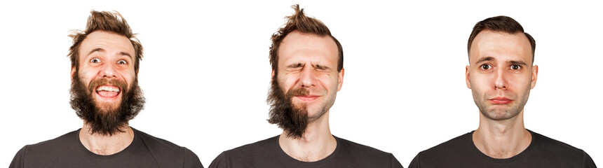 Obraz premium Young guy with beard and without a beard. Man before and after shave. Isolated.
