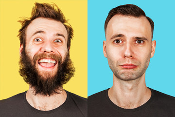 Young guy with beard and without a beard. Man before and after shave. Isolated.