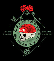 Obraz premium bicycle skull in cap, dead cyclist head and two roses - today is not the day