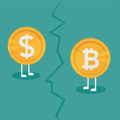 Real money vs Bitcoin virtual money - Crypto Currency Growing concept. Business concept. war between currencies