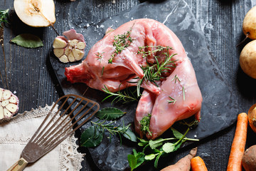 Whole Forest wild rabbit, Recipe with apple pie, Raw meat with spices and vegetables, Sea salt,...