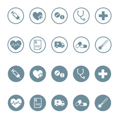 Round medical and pharmaceutical icon set in vector format