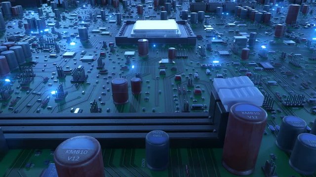 Flying Over the Circuit Board and Processors with Blue Signals. Looped 3d Animation of Motherboard and CPU with Blue Flares. Technology and Digital Concept. 4k Ultra HD 3840x2160.