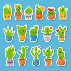 Set of 16 cute cartoon cactus and succulents stickers. Kawaii cactuses with funny faces in various pots