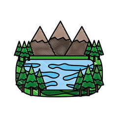 forest mountains lake landscape natural vector illustration drawing color