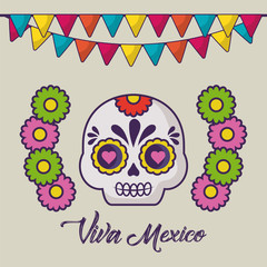 Fototapeta premium Viva mexico design with decorative flowers and sugar skyll over white background, colorful design. vector illustration